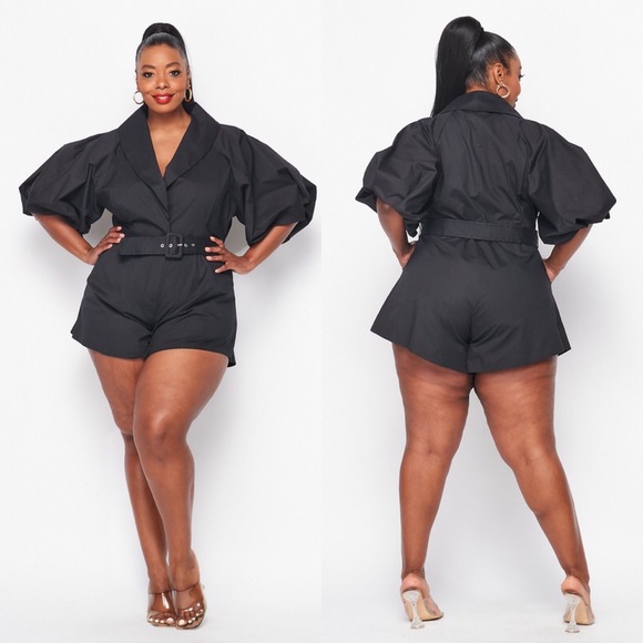 Collared Bubble Sleeve Romper - Picture 1 of 6